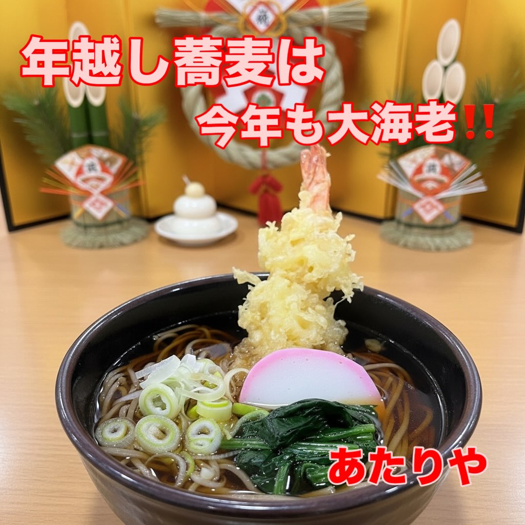 大海老の天ぷらをのせた、あたりやの温かい蕎麦